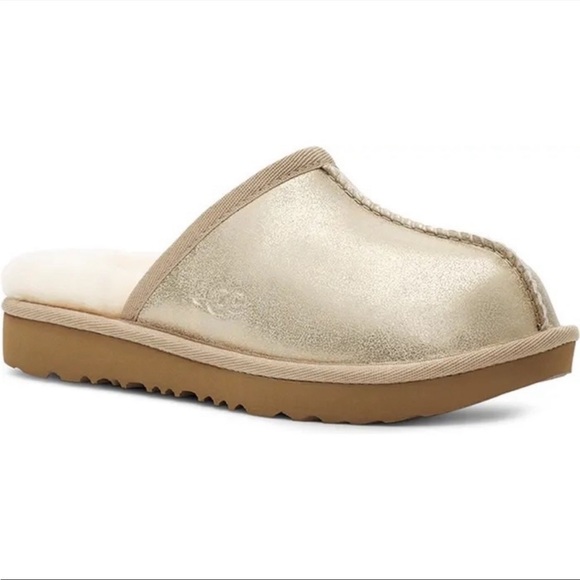 UGG Kids Keegan Metallic Gold Shimmer Faux Fur Lined Slippers Slip-On Shoes NWT - Picture 7 of 8